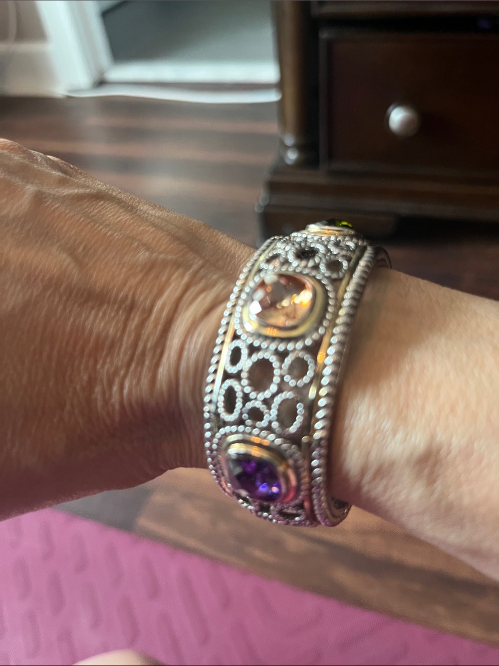 Silver-Tone Multi Gemstone Filigree Cuff Bracelet - Amethyst & Topaz Accent
